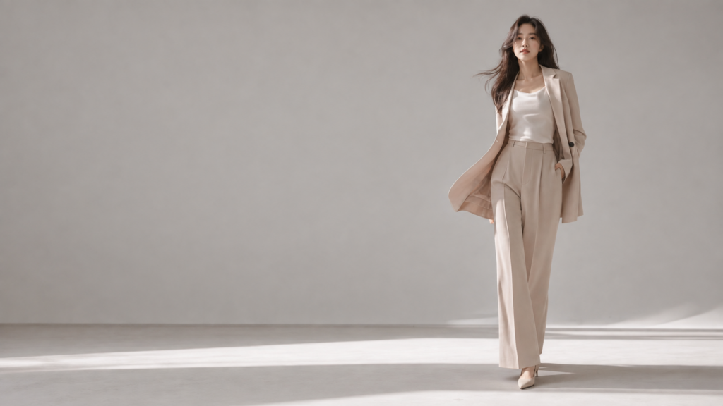 베이지색 수트를 입은 모델이 있는 1Style 서비스 소개 이미지